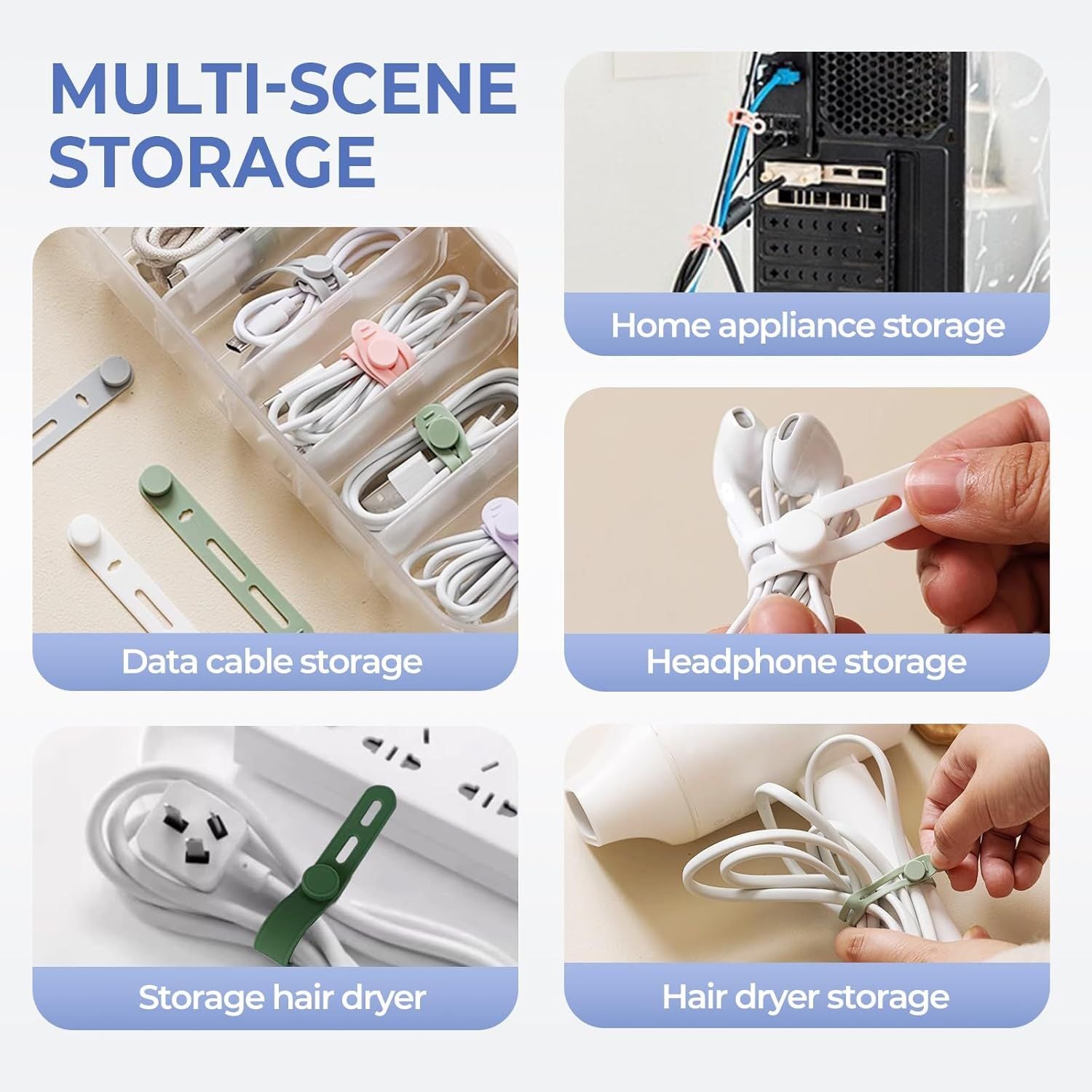 10 Pack Reusable Silicone Cable Ties - Adjustable Cord Organizer for Earphone, Phone Charger, Computer Cords V1258-DP02-F-859