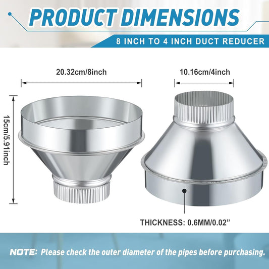 8 Inch to 4 Inch Duct Reducer Increaser Galvanized Steel Air Duct Adapter Round Crimped Pipe Connector V1258-DP02-F-877