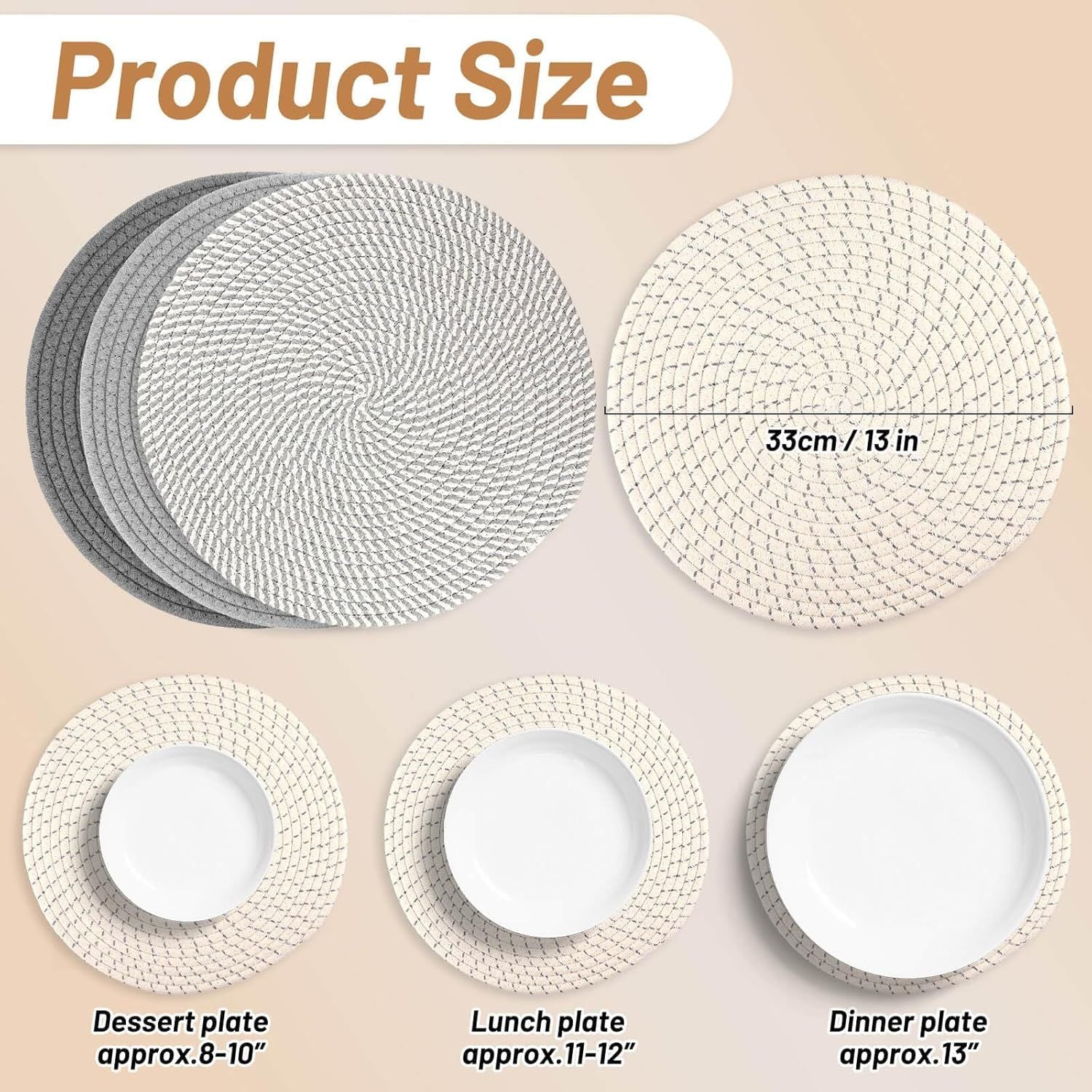 Round Woven Placemats Set of 4, 13 Inches Kitchen Table Place Mats for Dining Table, Trivets for Hot Pots and V1258-DP02-F-880