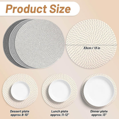 Round Woven Placemats Set of 4, 13 Inches Kitchen Table Place Mats for Dining Table, Trivets for Hot Pots and V1258-DP02-F-880