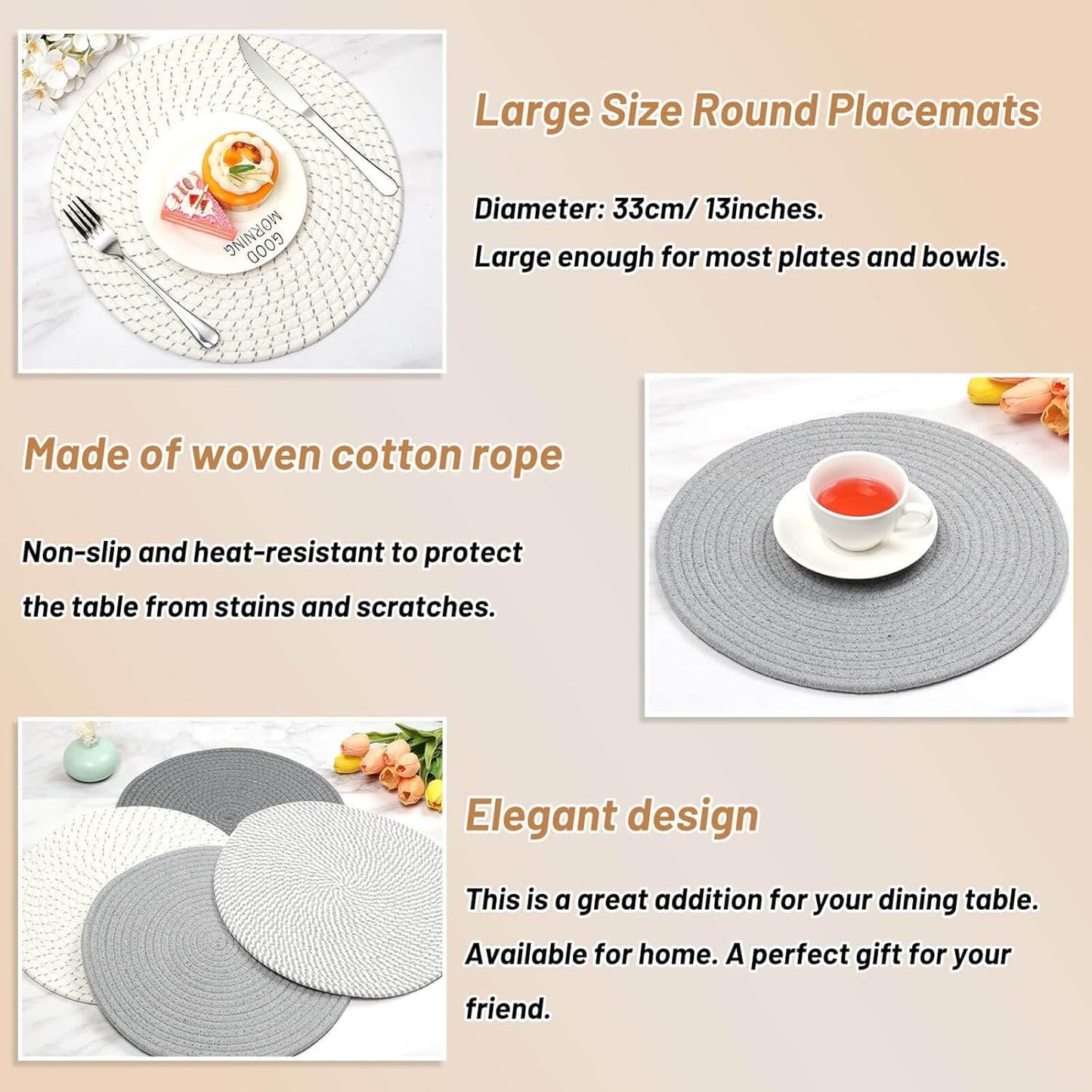 Round Woven Placemats Set of 4, 13 Inches Kitchen Table Place Mats for Dining Table, Trivets for Hot Pots and V1258-DP02-F-880
