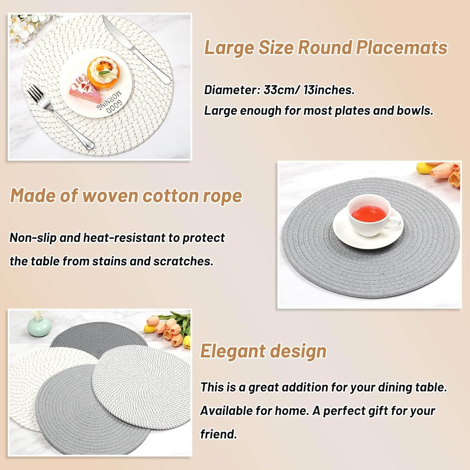 Round Woven Placemats Set of 4, 13 Inches Kitchen Table Place Mats for Dining Table, Trivets for Hot Pots and V1258-DP02-F-880