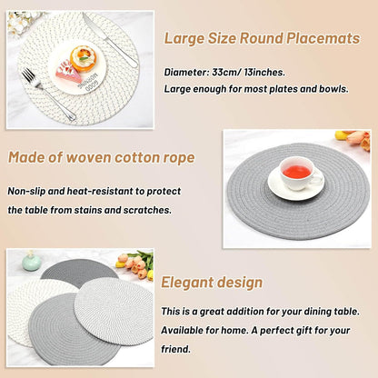 Round Woven Placemats Set of 4, 13 Inches Kitchen Table Place Mats for Dining Table, Trivets for Hot Pots and V1258-DP02-F-880