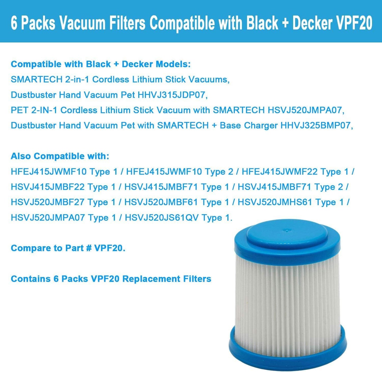 6 Packs VPF20 Replacement Filters for Black and Decker Smartech Pet 2-in-1 Stick Vacuum V1258-DP02-F-882