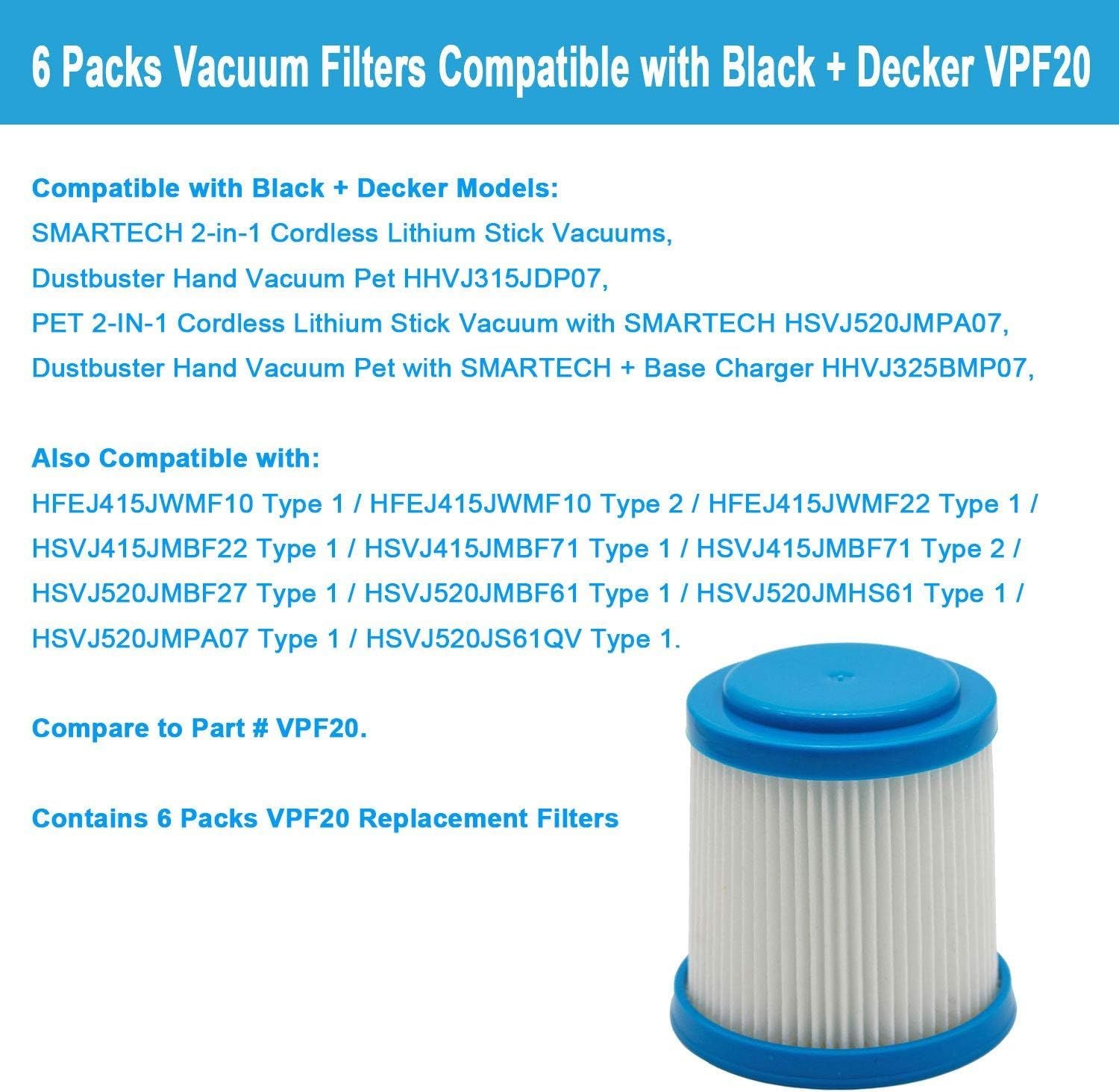 6 Packs VPF20 Replacement Filters for Black and Decker Smartech Pet 2-in-1 Stick Vacuum V1258-DP02-F-882