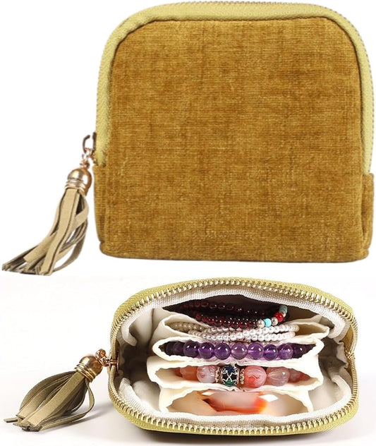 Velvet Jewelry Travel Pouch with 5 Compartments Tassel Zipper for Bracelets Necklace, Tangle Free Portable V1258-DP02-F-886