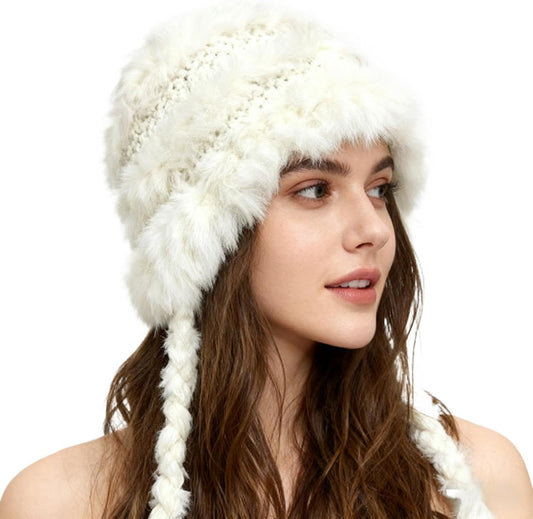 Women's Thick Rabbit Fur Knit Beanie Hat with Nordic Braids for Winter Warm, Ear Protection Thermal Headwear V1258-DP02-F-887