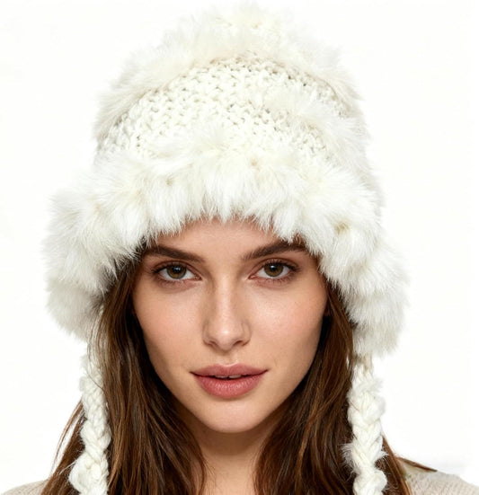 Women's Thick Rabbit Fur Knit Beanie Hat with Nordic Braids for Winter Warm, Ear Protection Thermal Headwear V1258-DP02-F-887