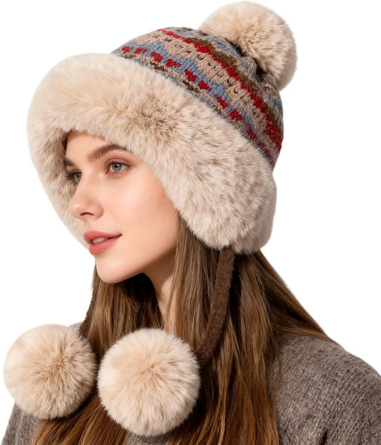 Women's Knit Bobble Hat with Fleece Lining Plush Pom Pom, Warm Winter Thermal Beanie Cute Ear Protection Cap V1258-DP02-F-889