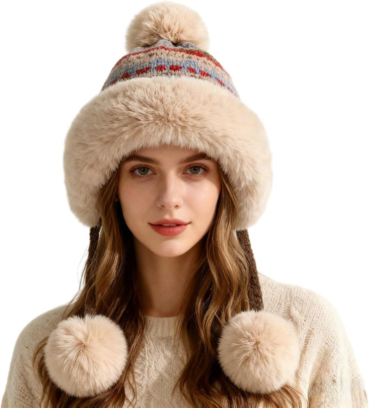 Women's Knit Bobble Hat with Fleece Lining Plush Pom Pom, Warm Winter Thermal Beanie Cute Ear Protection Cap V1258-DP02-F-889