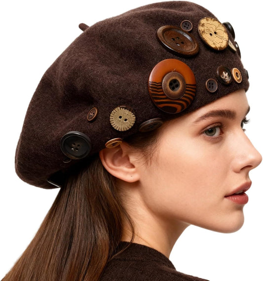Women's Wool Blend Felt Beret Hat with Retro Button Detail, Fall Winter Fashion Artistic Cap Korean Style V1258-DP02-F-890