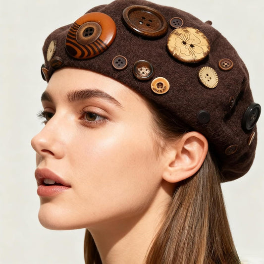 Women's Wool Blend Felt Beret Hat with Retro Button Detail, Fall Winter Fashion Artistic Cap Korean Style V1258-DP02-F-890