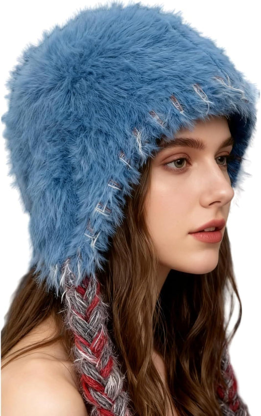 Women's Warm Plush Thick Knit Beanie Hat with Braids for Winter, Cute Ear Warmer Cap for Cold Fashion V1258-DP02-F-891