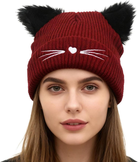 Knit Beanie with Cute Plush Cat Ear Embroidery for Women Girls, Winter Thick Warm Hats Fashion Accessory V1258-DP02-F-892