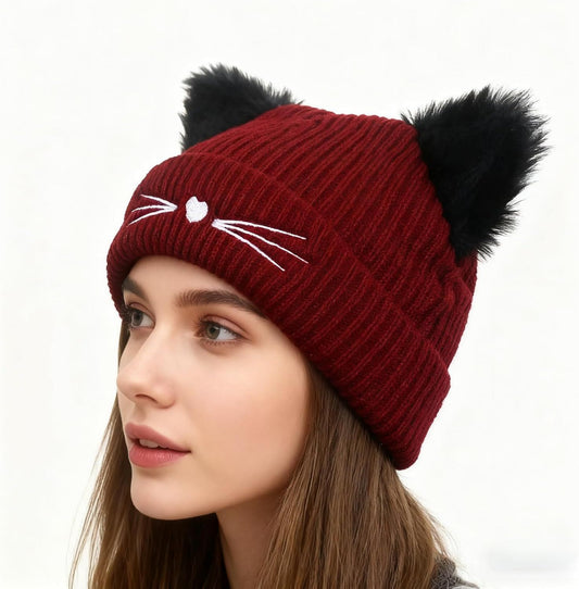 Knit Beanie with Cute Plush Cat Ear Embroidery for Women Girls, Winter Thick Warm Hats Fashion Accessory V1258-DP02-F-892