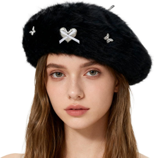 Fuzzy Faux Fur Beret with Heart Bow Butterfly Metal Gems for Women, Winter Atmosphere Artist Hat for A Slim V1258-DP02-F-893