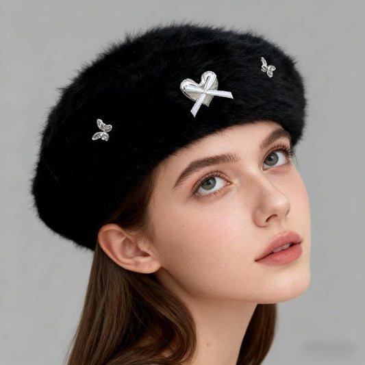 Fuzzy Faux Fur Beret with Heart Bow Butterfly Metal Gems for Women, Winter Atmosphere Artist Hat for A Slim V1258-DP02-F-893