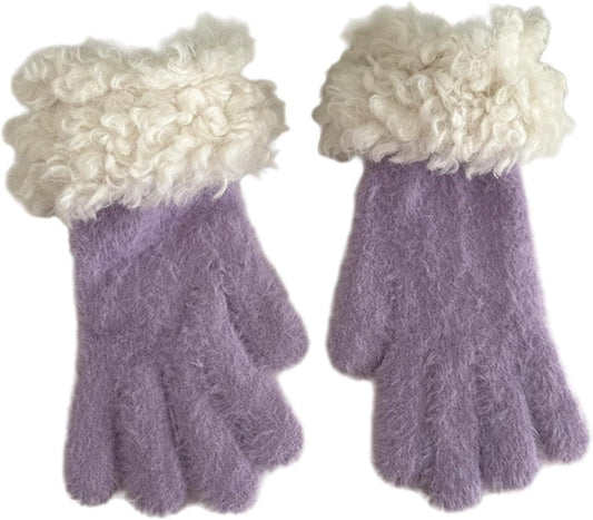 Women's Soft Plush Touch Screen Gloves, Cute Winter Warm Knitted Hand Muffs with Index Thumb Finger Holes V1258-DP02-F-895
