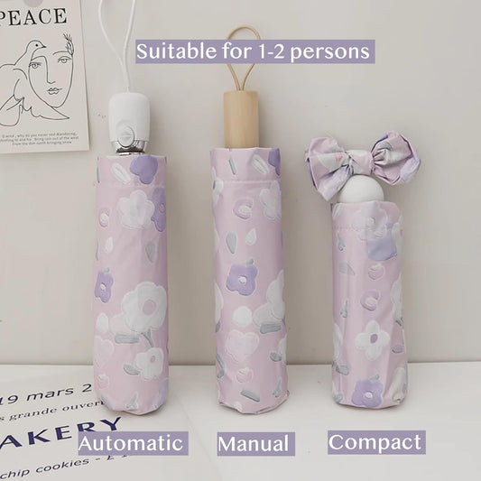 Women's Purple Floral Auto-open Sun & Rain Umbrella, UV Protection Compact Travel Umbrellas UPF 50+ with V1258-DP02-F-897