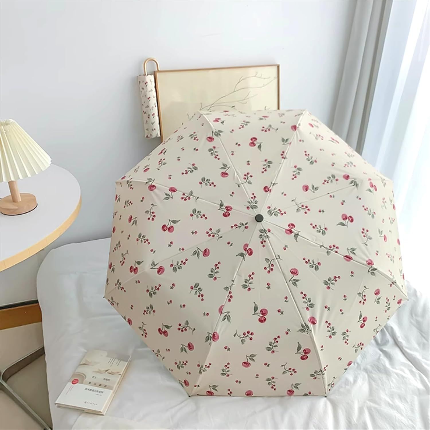 Portable Cherry Sun Umbrella with UPF50+ UV Protection, Foldable Compact Sun & Rain Travel Umbrellas with V1258-DP02-F-899
