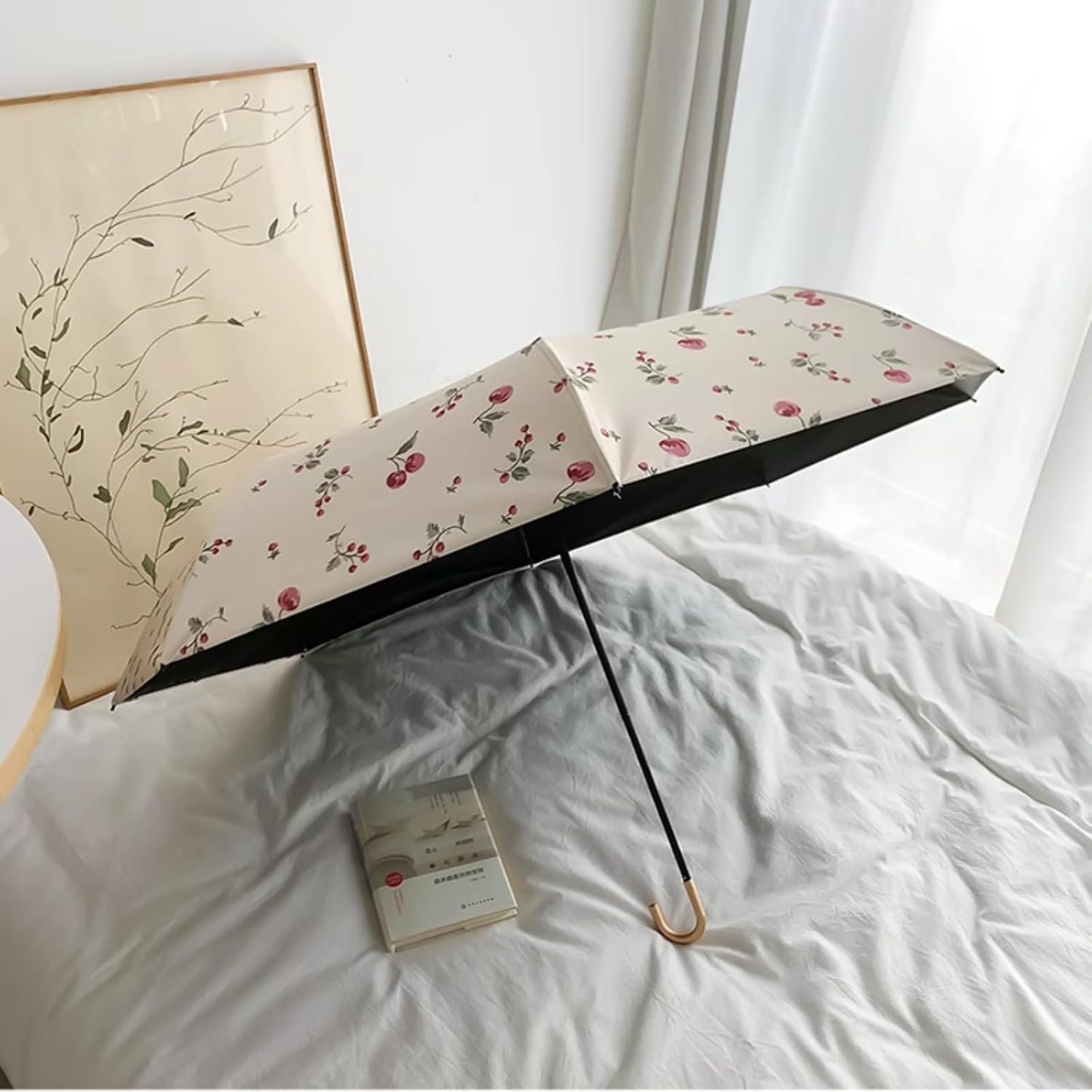 Portable Cherry Sun Umbrella with UPF50+ UV Protection, Foldable Compact Sun & Rain Travel Umbrellas with V1258-DP02-F-899