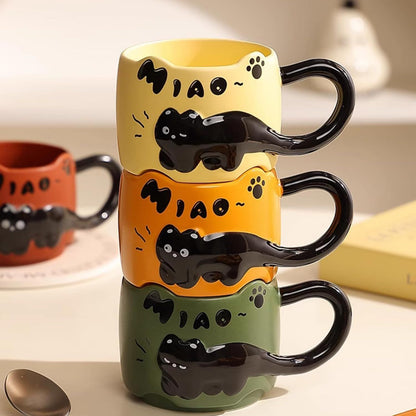 13 Oz Embossed Ceramic Cute Cat Coffee Mug Tea Mug, Creative Couple Family Cup with Handle for Home Office V1258-DP02-F-901