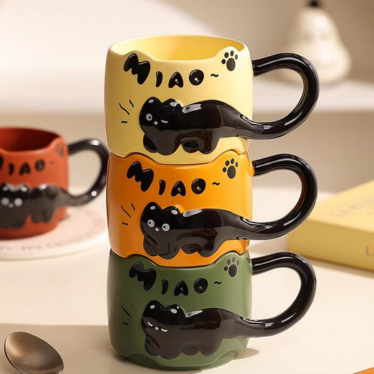 13 Oz Embossed Ceramic Cute Cat Coffee Mug Tea Mug, Creative Couple Family Cup with Handle for Home Office V1258-DP02-F-901