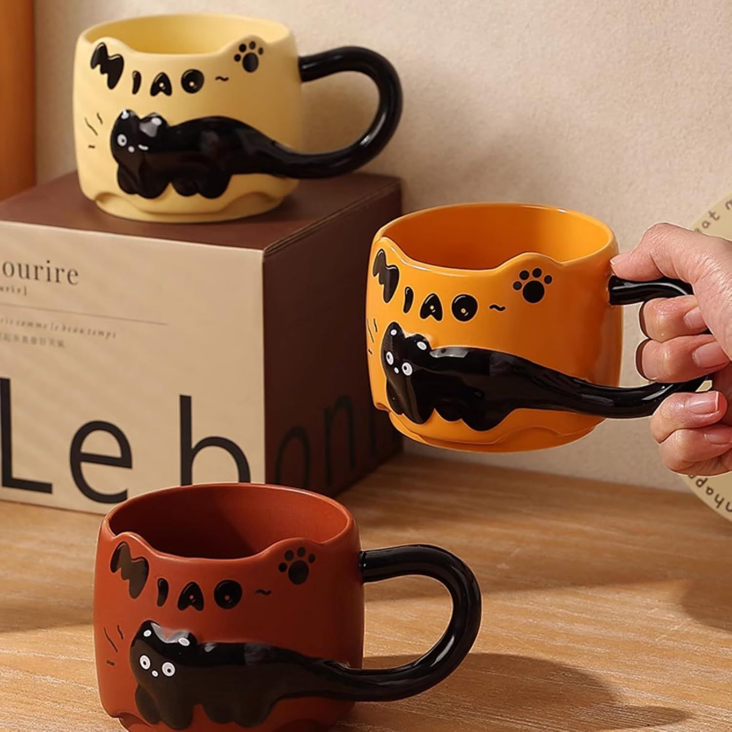 13 Oz Embossed Ceramic Cute Cat Coffee Mug Tea Mug, Creative Couple Family Cup with Handle for Home Office V1258-DP02-F-901