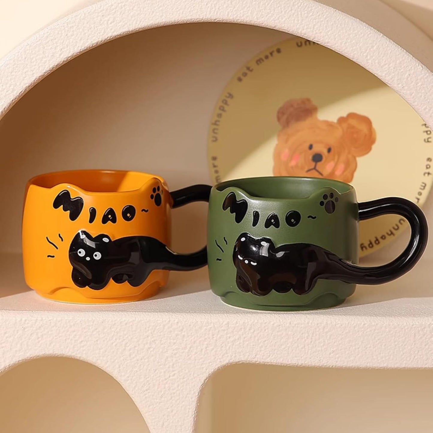 13 Oz Embossed Ceramic Cute Cat Coffee Mug Tea Mug, Creative Couple Family Cup with Handle for Home Office V1258-DP02-F-901