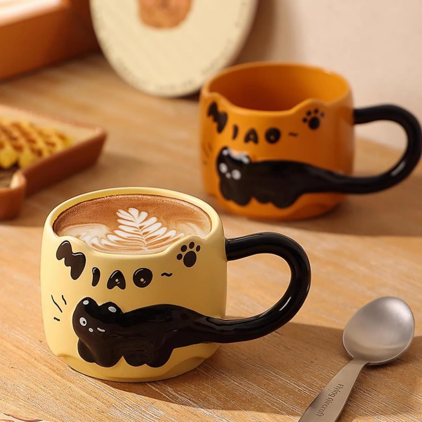 13 Oz Embossed Ceramic Cute Cat Coffee Mug Tea Mug, Creative Couple Family Cup with Handle for Home Office V1258-DP02-F-901