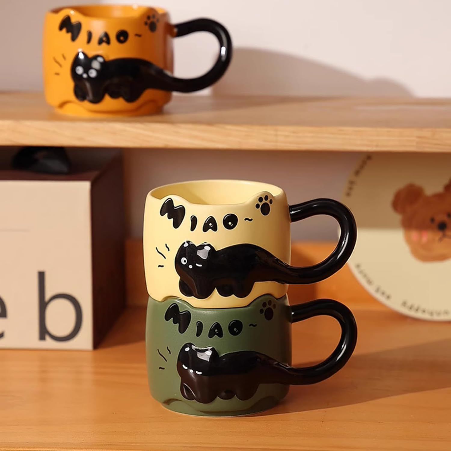 13 Oz Embossed Ceramic Cute Cat Coffee Mug Tea Mug, Creative Couple Family Cup with Handle for Home Office V1258-DP02-F-901