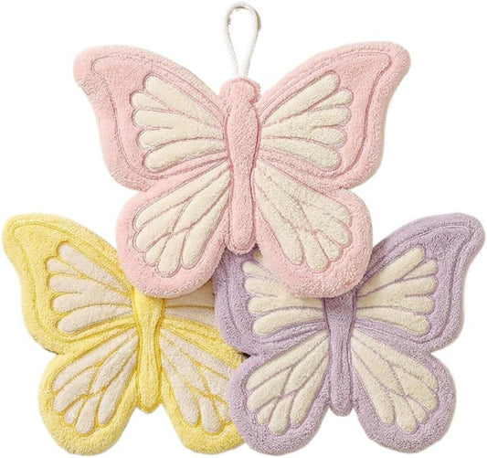 Butterfly Shaped Hanging Hand Towel 3 Pcs Set, Extra Thick Coral Fleece Ultra Absorbent Kitchen Bathroom V1258-DP02-F-902