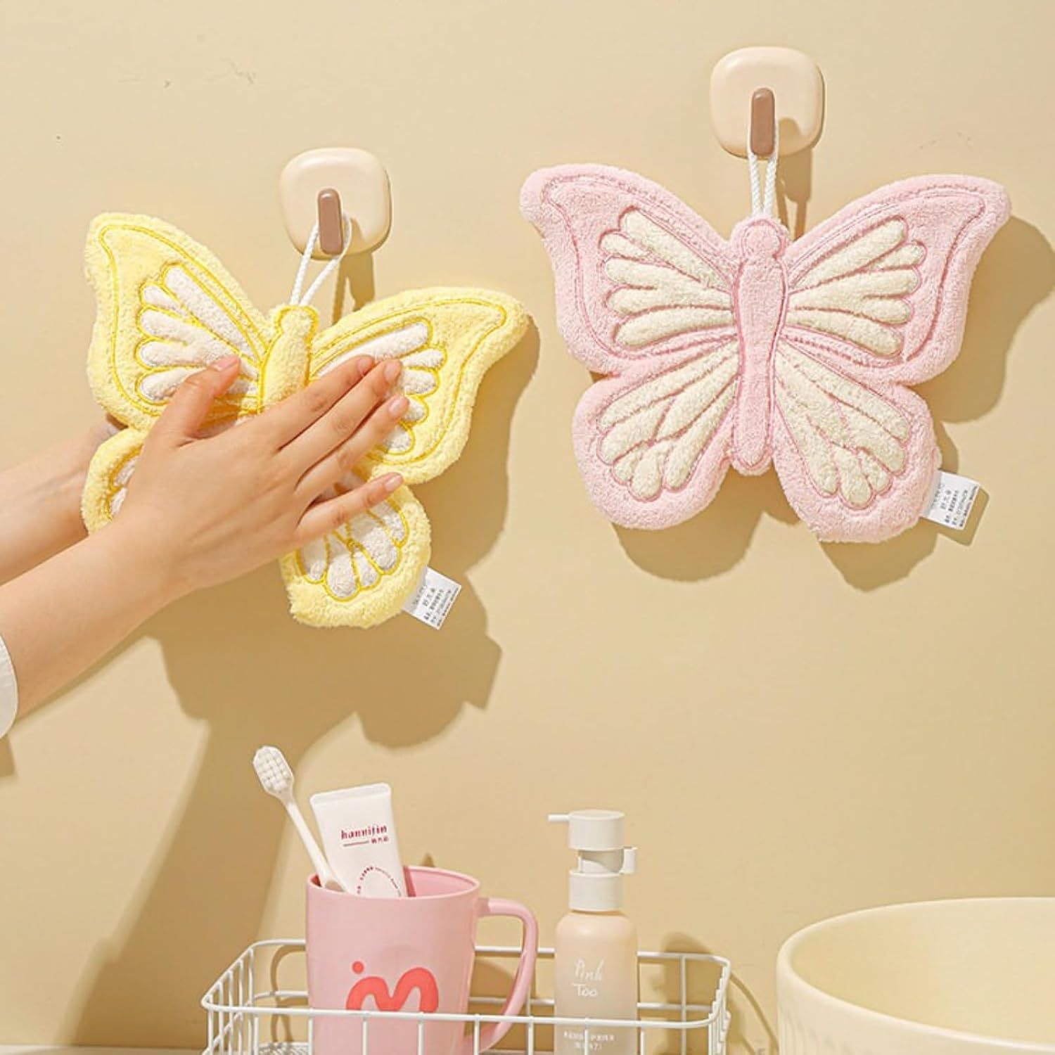 Butterfly Shaped Hanging Hand Towel 3 Pcs Set, Extra Thick Coral Fleece Ultra Absorbent Kitchen Bathroom V1258-DP02-F-902