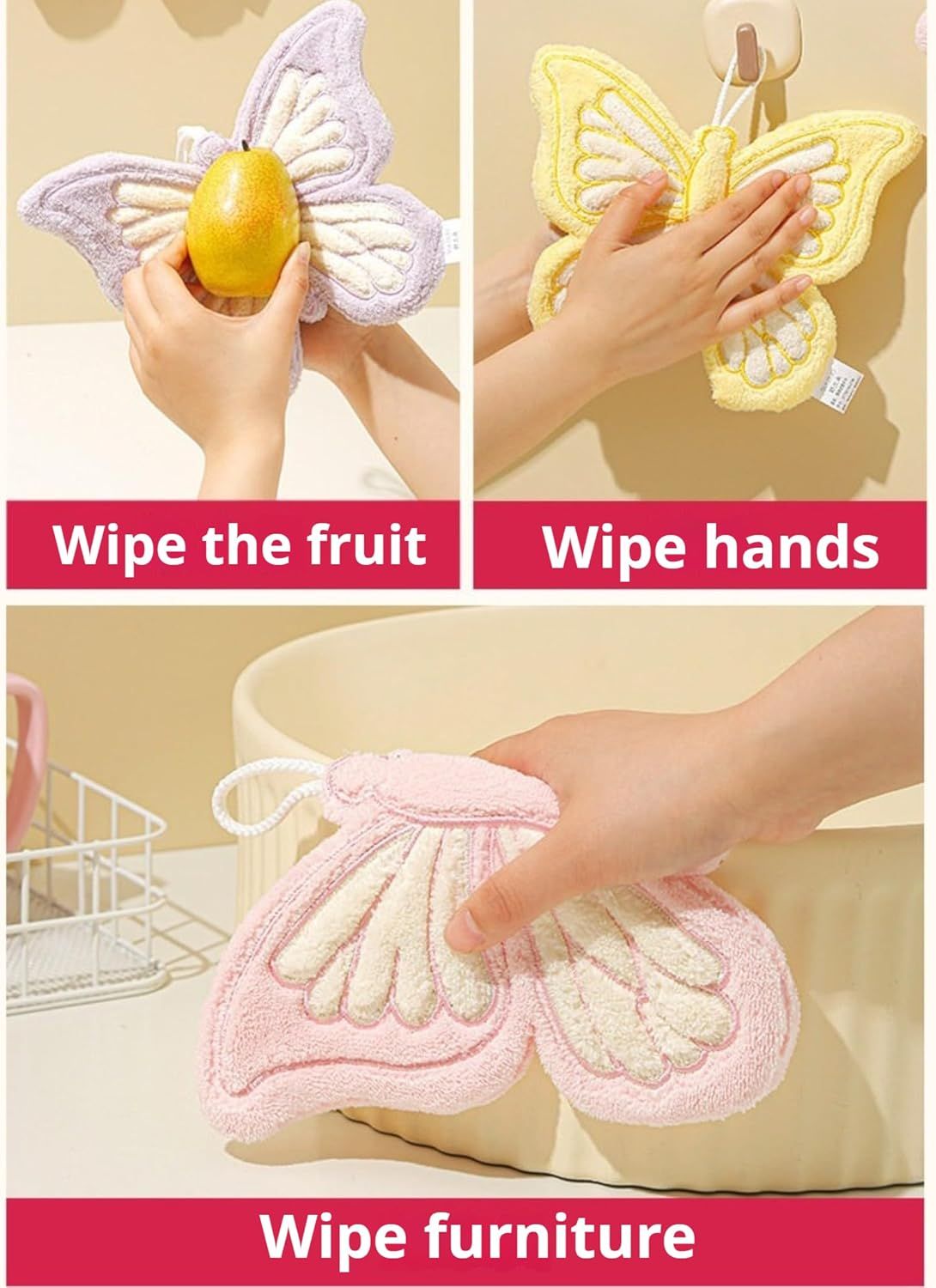 Butterfly Shaped Hanging Hand Towel 3 Pcs Set, Extra Thick Coral Fleece Ultra Absorbent Kitchen Bathroom V1258-DP02-F-902