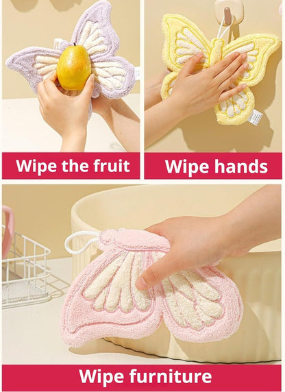 Butterfly Shaped Hanging Hand Towel 3 Pcs Set, Extra Thick Coral Fleece Ultra Absorbent Kitchen Bathroom V1258-DP02-F-902