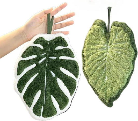 2 Pcs Set Leaf Design Coral Fleece Hand Towel Soft Absorbent Towel for Kitchen, Bathroom, and Countertop Decor V1258-DP02-F-903