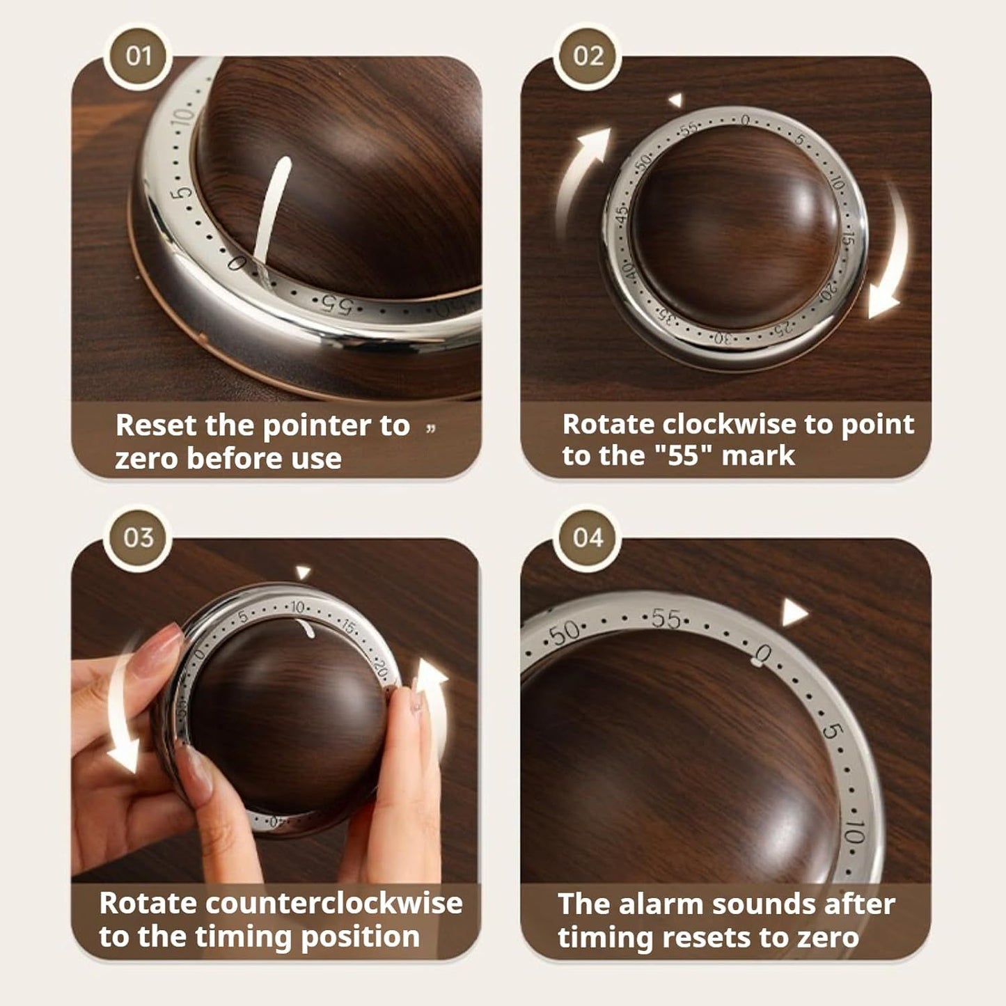 Modern Mechanical Kitchen Timer with Wood Grain Design, Stainless Steel Base, Easy-to-Use Cooking Timer for V1258-DP02-F-904