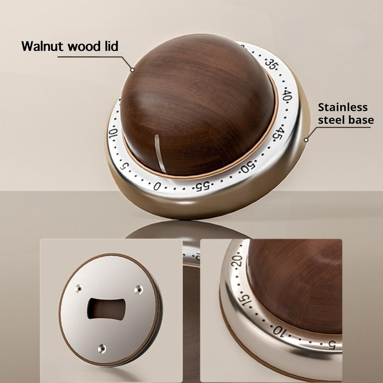 Modern Mechanical Kitchen Timer with Wood Grain Design, Stainless Steel Base, Easy-to-Use Cooking Timer for V1258-DP02-F-904