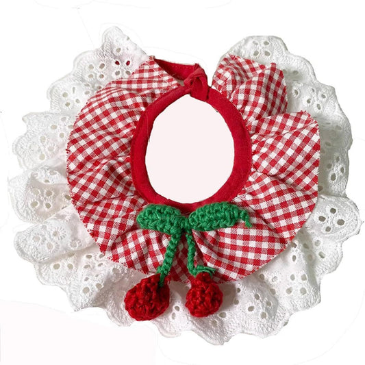 Cute Dog Cat Bandana, Pet Accessory Collar with Red Plaids Lace Edge Knitted Cherry Strawberry Charm V1258-DP02-F-908