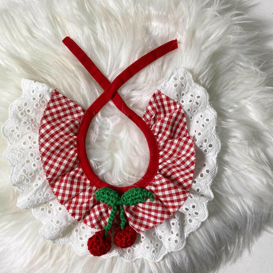 Cute Dog Cat Bandana, Pet Accessory Collar with Red Plaids Lace Edge Knitted Cherry Strawberry Charm V1258-DP02-F-908