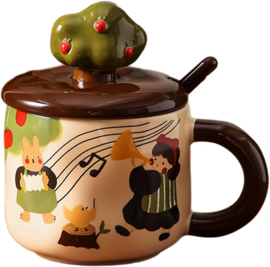 13 Oz Cute Apple Tree Girl Ceramic Coffee Mug Tea Mug with Lid and Leaf Spoon, Elegant Drinking Cup Gift for V1258-DP02-F-915