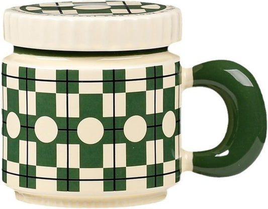 14 Oz Luxe Ceramic Coffee Mug Tea Mug with Lid Handle Floral/Stars/Plaid Design, Elegant Water Cup Cereal V1258-DP02-F-916
