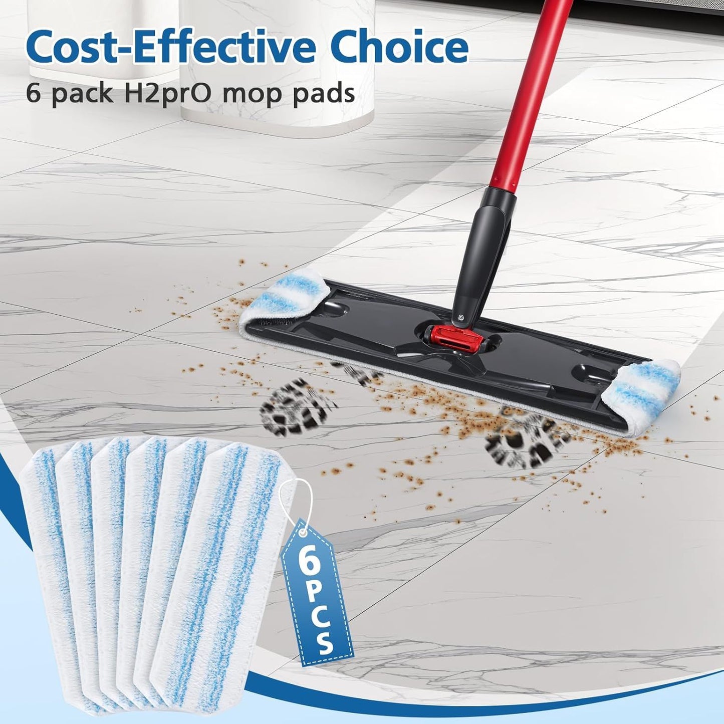 6 Pack H2prO Mop Pads Compatible with O Ceda H2PrO Flat Mop System, 100% Microfiber Mop Head Replacements, V1258-DP02-F-921