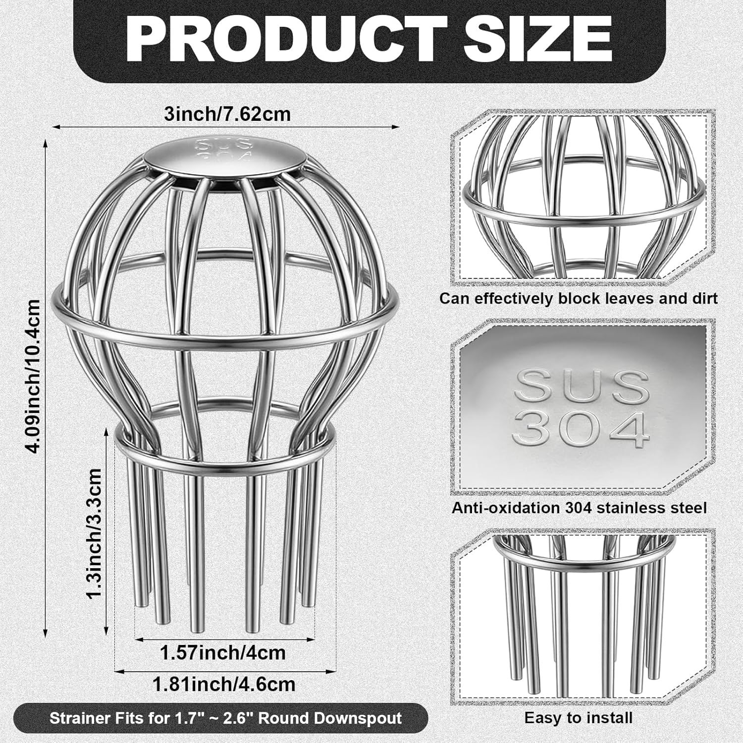 6 Pack Gutter Guard 2 Inch, 304 Stainless Steel Filter Strainer Fits 1.7" to 2.4" Downspout Filter Protector V1258-DP02-F-923