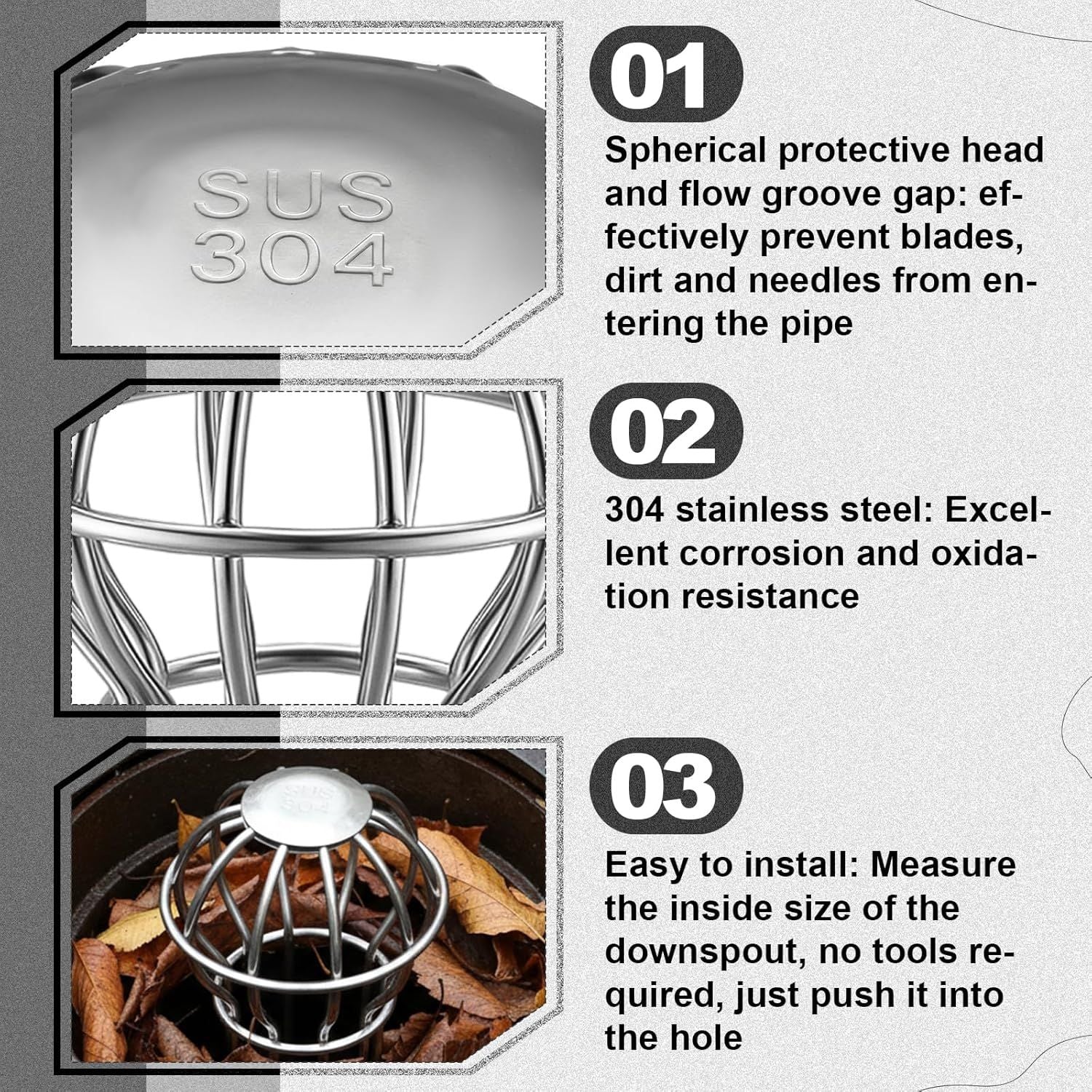 6 Pack Gutter Guard 2 Inch, 304 Stainless Steel Filter Strainer Fits 1.7" to 2.4" Downspout Filter Protector V1258-DP02-F-923