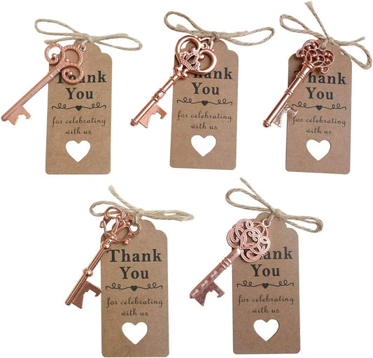 50pcs Rose Gold Skeleton Key Beer Bottle Opener With 100 Pcs Thank You Card and 98 Feet Hemp Rope for Wedding V1258-DP02-F-93