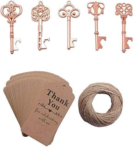 50pcs Rose Gold Skeleton Key Beer Bottle Opener With 100 Pcs Thank You Card and 98 Feet Hemp Rope for Wedding V1258-DP02-F-93