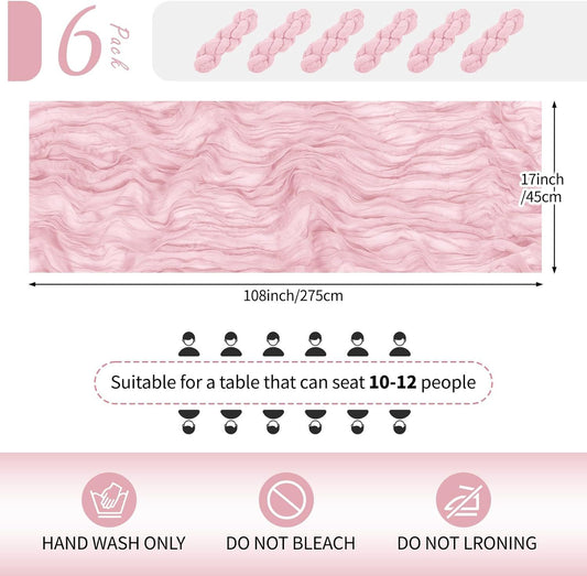 6 Pack Light Pink Cheesecloth Table Runner 17x108 Inch Semi Sheer Boho Gauze Cheese Cloth Fabric Table V1258-DP02-F-943