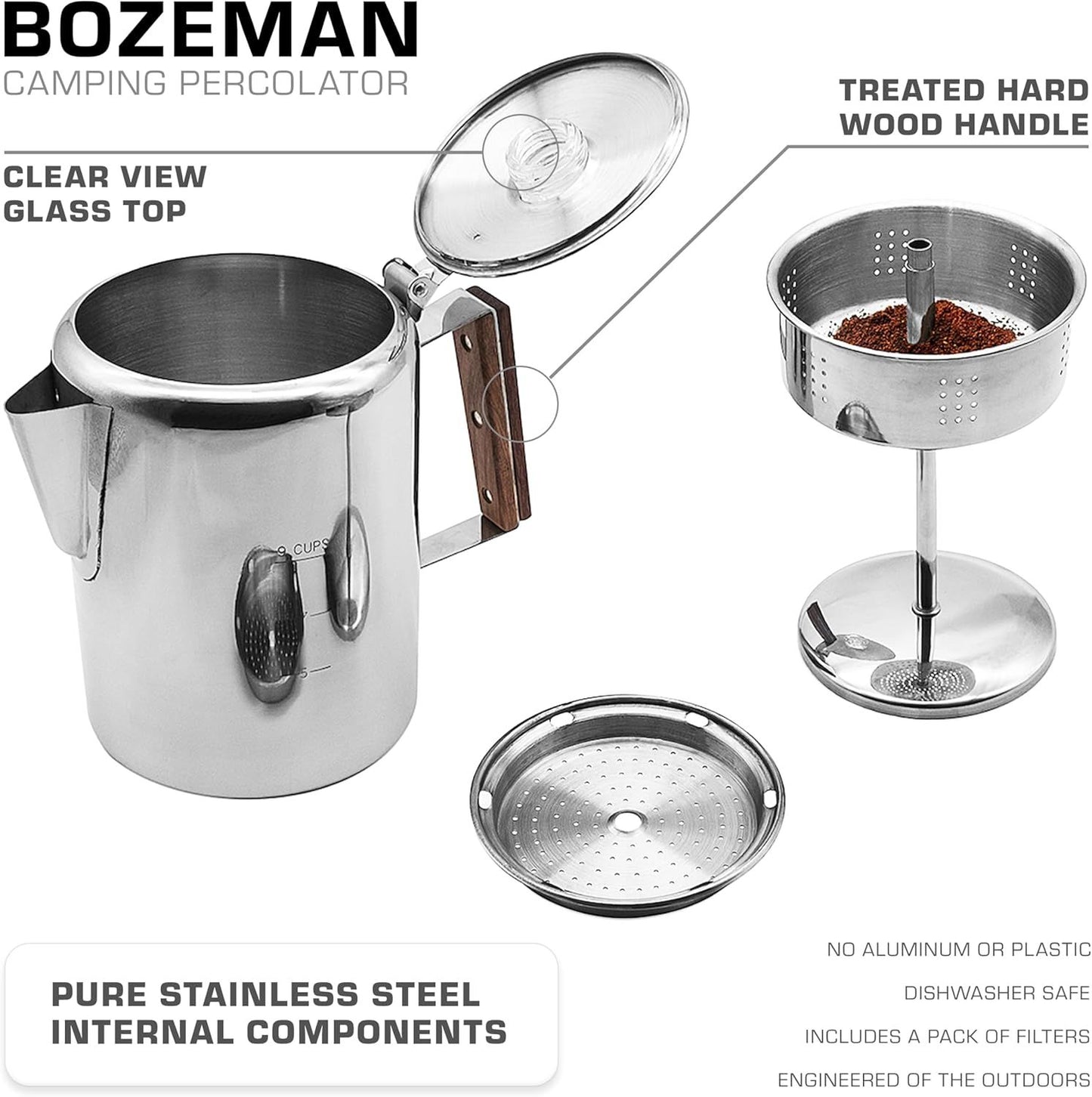 Bozeman Percolator Coffee Pot - NO Aluminum or Plastic [9 cup] V1258-DP02-F-945