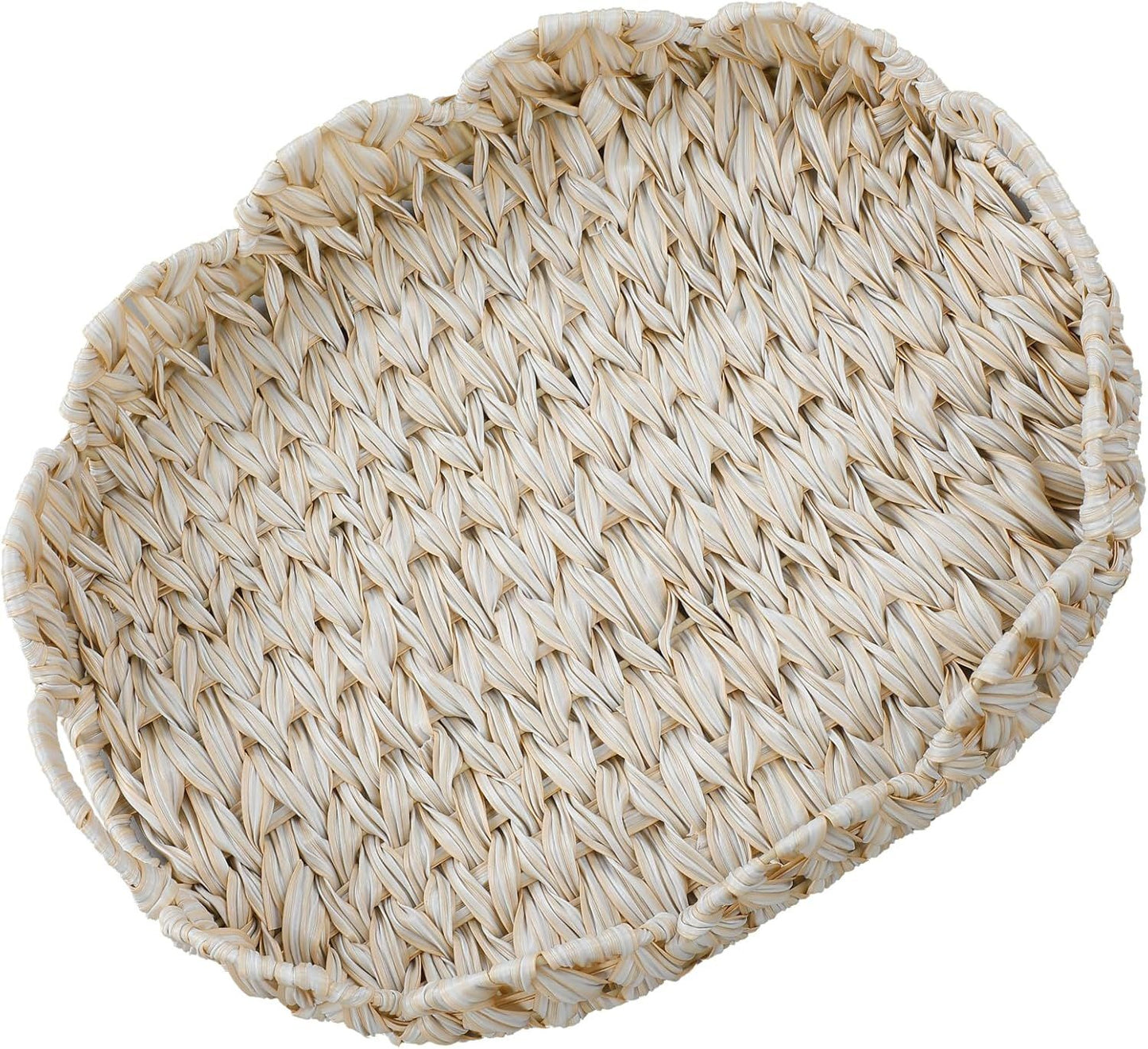 16.5 inch Round Wicker Tray, Boho Decorative Coffee Table Tray,Woven Serving Tray with Handles,Wicker Scallop V1258-DP02-F-950